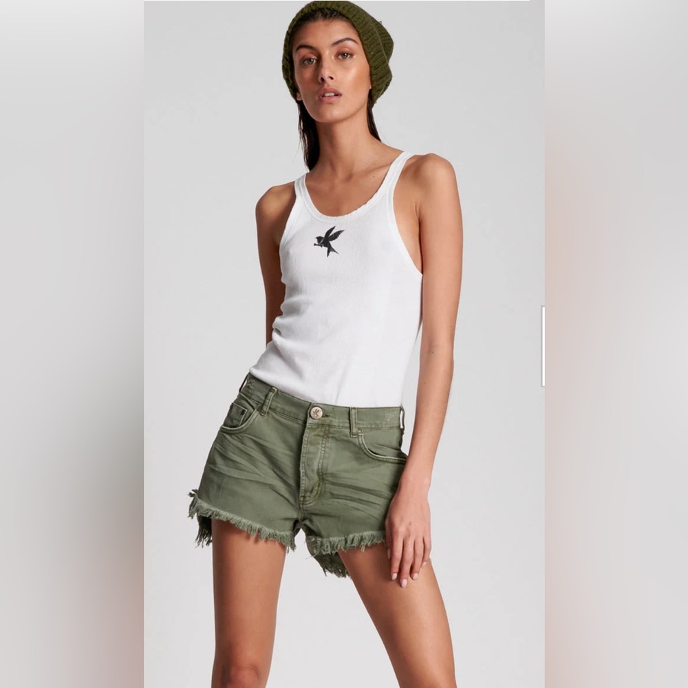 One Teaspoon | Le Wolves Mid Length Denim Shorts in Super Khaki